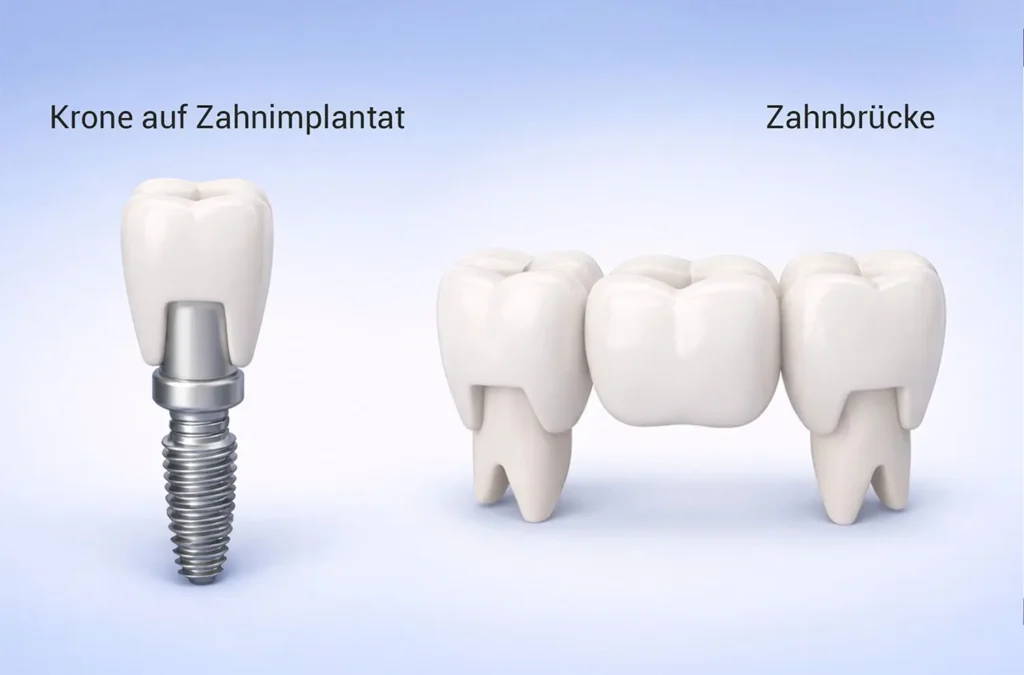 Vergleich Krone auf Zahnimplantat und konventionelle Zahnbrücke – Zahnarzt in Nürnberg, implantatgetragener Zahnersatz in der Praxisklinik in der Mauthalle